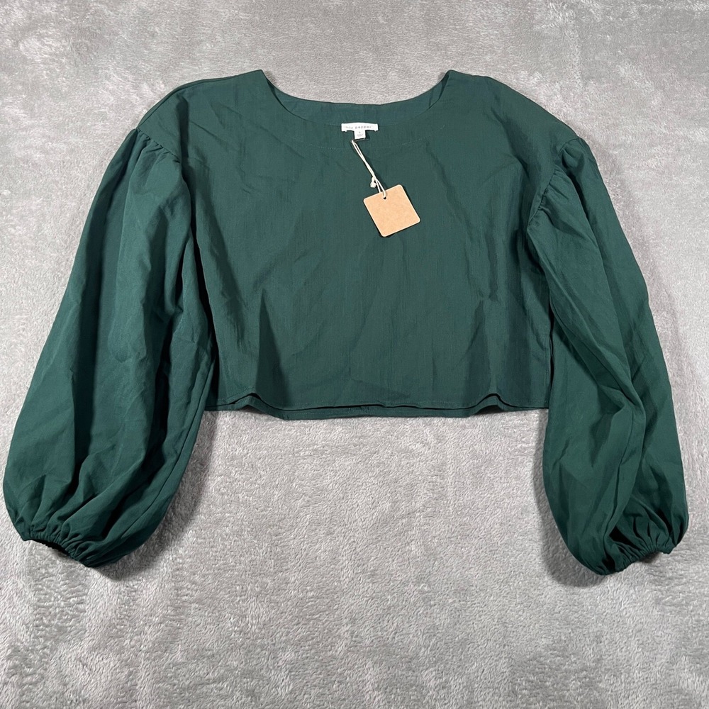 Blu Pepper Blouse Womens Large Green Crop Top Balloon Sleeve Casual Pullover NEW